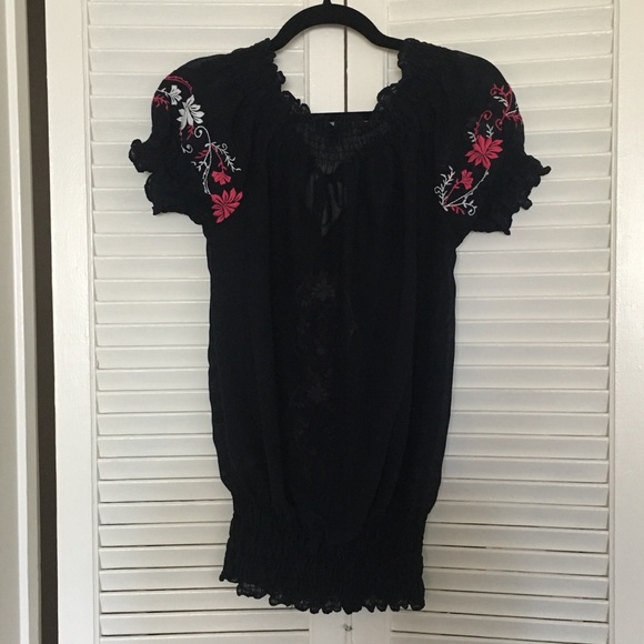 Sheer Navy Embroidered Top With Ruching - Picture 2 of 5